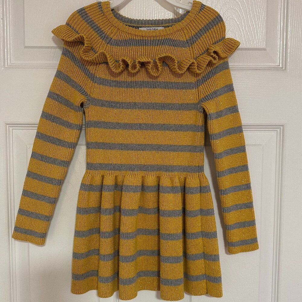 Girls Striped Ruffle Long Sleeve Sparkling Sweater Dress Size 4T